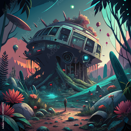 A derelict space station drifting in the void, overgrown with alien flora and littered with broken technology, bathed in the glow of distant stars. vector graphics