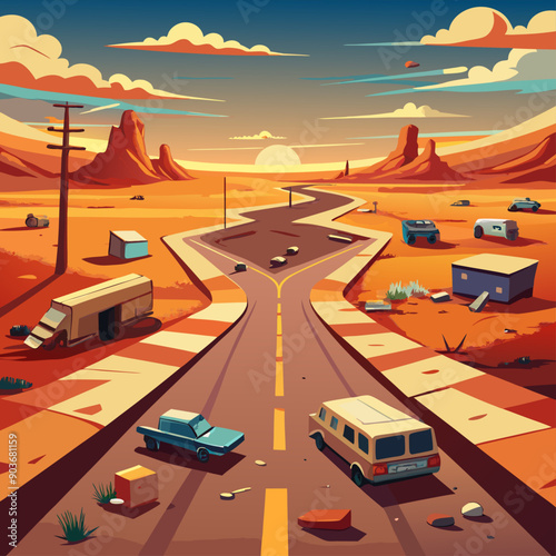 A desolate highway stretching through barren landscapes, with rusted vehicles and remnants of makeshift campsites