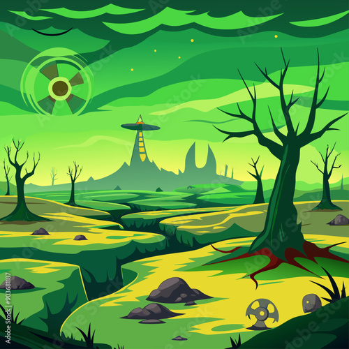 A devastated countryside dotted with radioactive craters and skeletal trees, under a toxic, green-tinted sky backgrounds