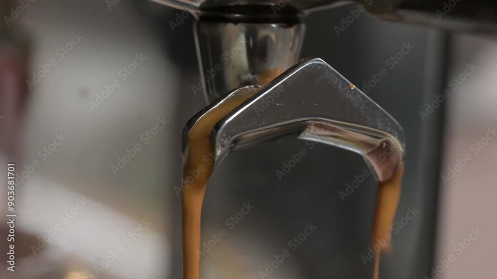 Сoffee pouring from holder into espresso cup, macro espresso making process Сoffee pouring from holder into espresso cup, macro espresso making process