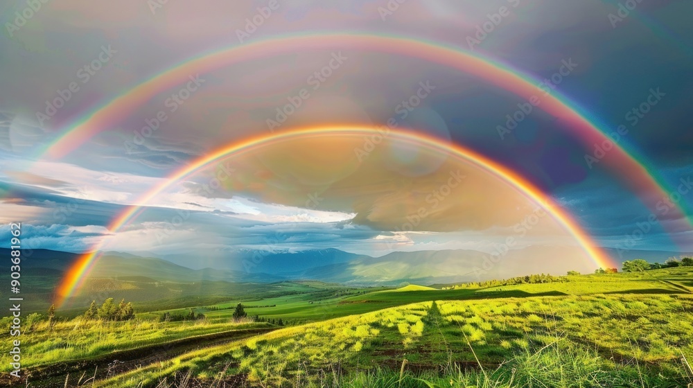 Fototapeta premium Double Rainbow over Lush Green Hills