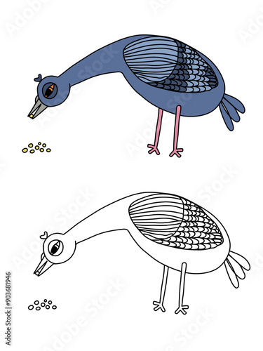 Vector coloring illustration of a pecking millet pigeon in cartoon style on a white background