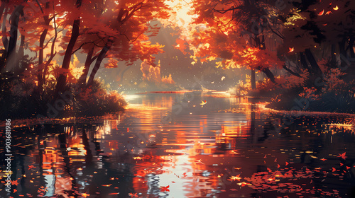 autumn forest by the river red and orange leaves falling on water fantasy anime style glowing light effects