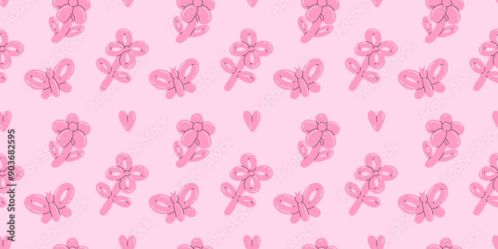 Balloon animals pattern seamless. inflatable flower and butterfly. Colorful glossy rubber toy. Birthday party festive y2k decor textile, wrapping paper, wallpaper design, print for fabric vector Balloon animals pattern seamless. inflatable flower and butterfly. Colorful glossy rubber toy. Birthday party festive y2k decor textile, wrapping paper, wallpaper design, print for fabric vector