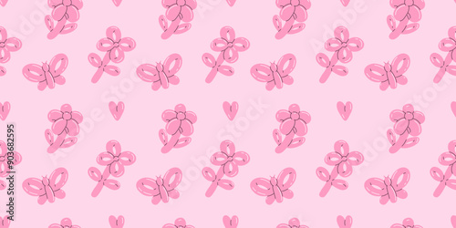 Balloon animals pattern seamless. inflatable flower and butterfly. Colorful glossy rubber toy. Birthday party festive y2k decor textile, wrapping paper, wallpaper design, print for fabric vector