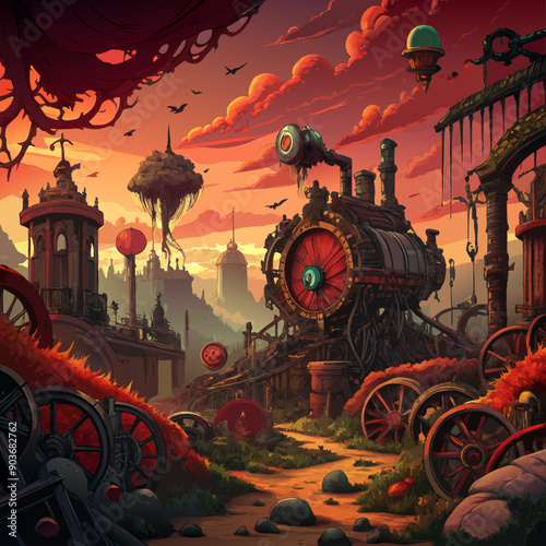 A steampunk-inspired world in ruin, with Victorian-style machinery overtaken by vines and rust, under a polluted, crimson sky