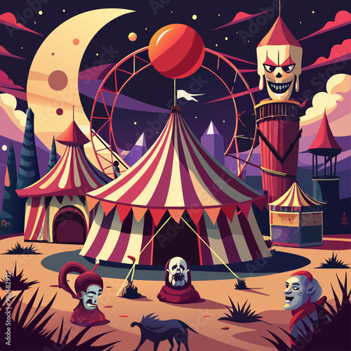 A twisted carnival grounds in disarray, with dilapidated rides, eerie circus tents, and clown mannequins staring blankly under a blood moon backgrounds