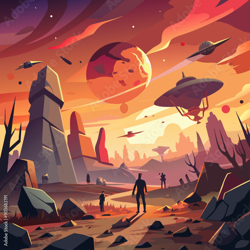 A war-torn landscape strewn with alien wreckage and human defenses, with glowing UFOs hovering ominously in the sky