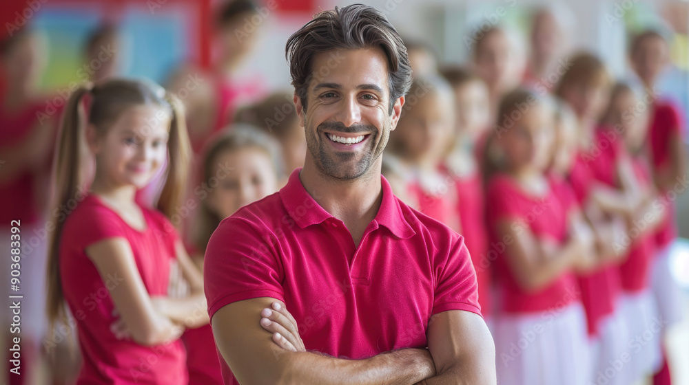 Confident teacher smiling with arms crossed, surrounded by students in a vibrant classroom setting. Confident teacher smiling with arms crossed, surrounded by students in a vibrant classroom setting.