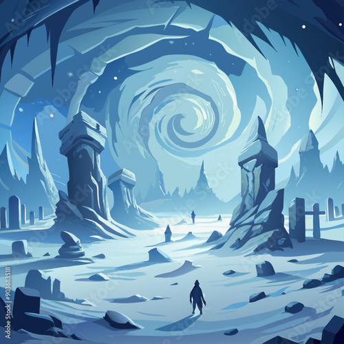 A frozen wasteland during a perpetual blizzard, with ice-covered ruins and ghostly figures barely visible through the swirling snow