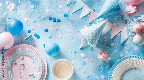 A vibrant setup showcases decorations for a gender reveal party, featuring blue and pink elements, balloons, confetti, and themed plates arranged on a bright table