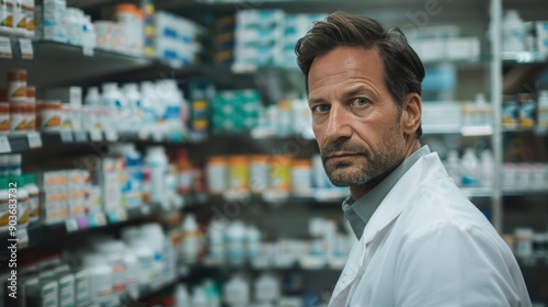 Serious pharmacist standing in a store, surrounded by shelves filled with medicine and health products.