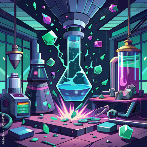 A high-tech laboratory in chaos, with shattered glass, flickering containment cells, and glowing vials of experimental substances graphics backgrounds