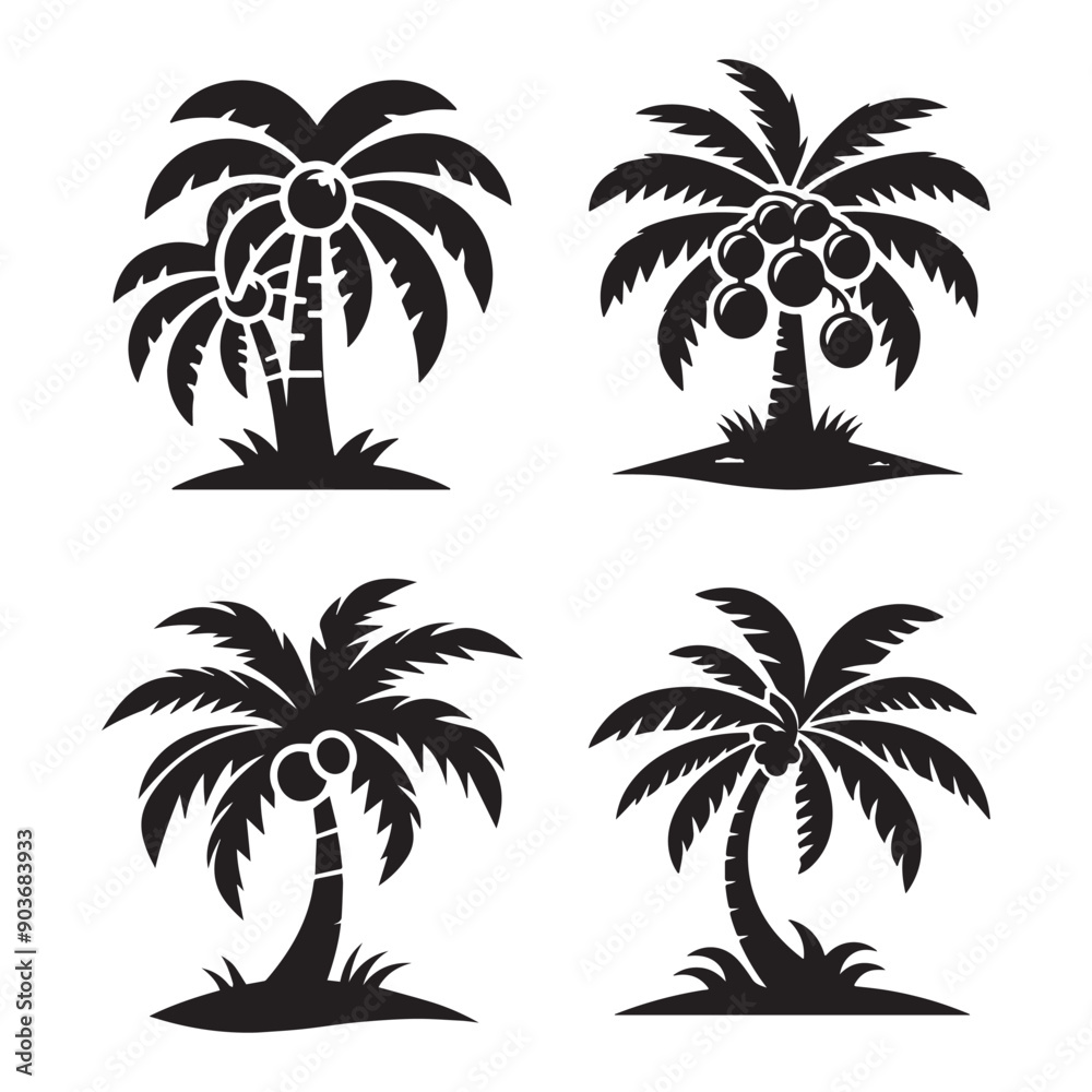 Set of Four Black Silhouette Palm Trees - Elegant Nature Illustrations, Classic Botanical Art Collection Set of Four Black Silhouette Palm Trees - Elegant Nature Illustrations, Classic Botanical Art Collection