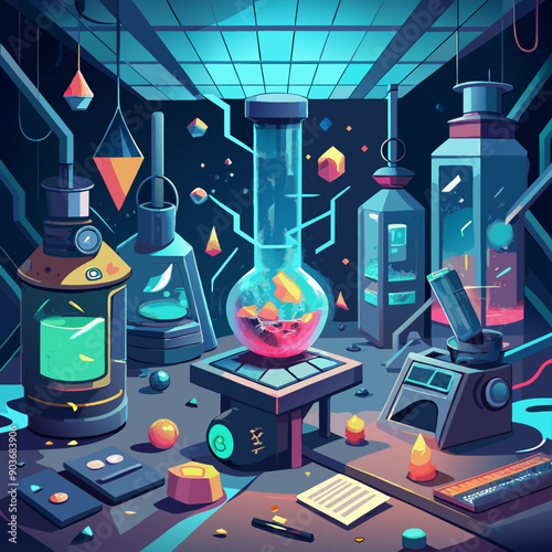A high-tech laboratory in chaos, with shattered glass, flickering containment cells, and glowing vials of experimental substances
