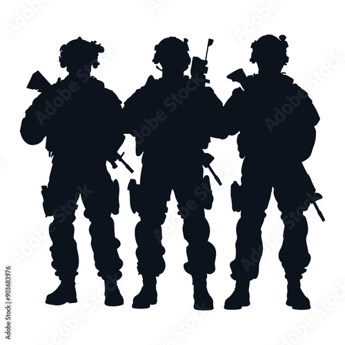 Silhouette of three soldiers standing together, military, army, warfare.