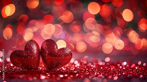 Valentine day greeting card background with two red glitter hearts against festive bokeh lights sparkling background