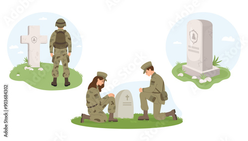 Memorial Day set. Veterans Military Cemetery. Soldier warrior, woman and man in uniform on one knee in front of gravestone grave. Vector illustration. Isolated elements