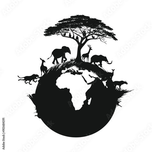 Black and white silhouette of animals around the globe.