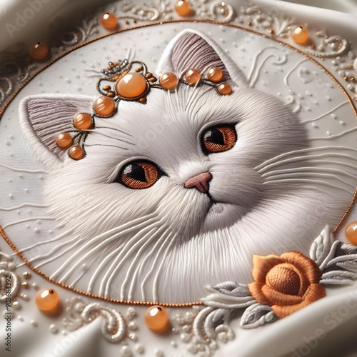 An embroidered cat with visible stitching and orrange beads along the edge, on a white sillicon fabric in a Baroque style photo