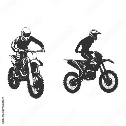Silhouettes of two motocross riders on dirt bikes.