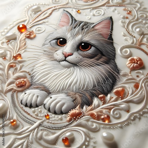 An embroidered cat with visible stitching and orrange beads along the edge, on a white sillicon fabric in a Baroque style photo