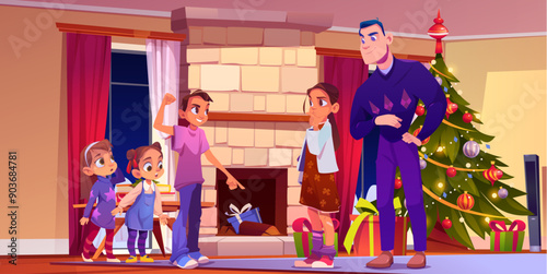 Surprised children and man in living room interior with decorated Christmas tree and gift boxes, fireplace and table. Cartoon vector r xmas holiday family party with teens and kids.