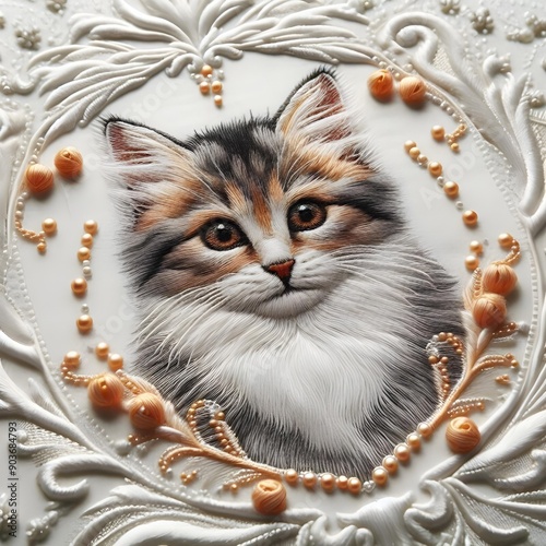 An embroidered cat with visible stitching and orrange beads along the edge, on a white sillicon fabric in a Baroque style photo