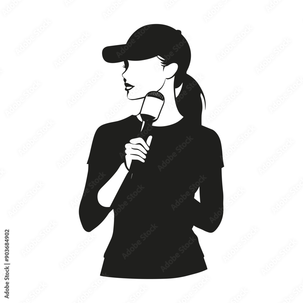 Silhouette of a woman holding a microphone, wearing a baseball cap. Silhouette of a woman holding a microphone, wearing a baseball cap.