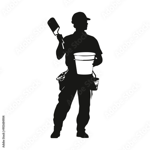 Silhouette of a painter holding a paintbrush and bucket.