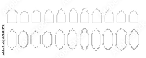 Muslim arch line. Different shapes arab decorative outline elements. Door and window. Arabian frame. Oriental silhouette empty arabesque border, ramadan kareem, eid mubarak, vector illustration set