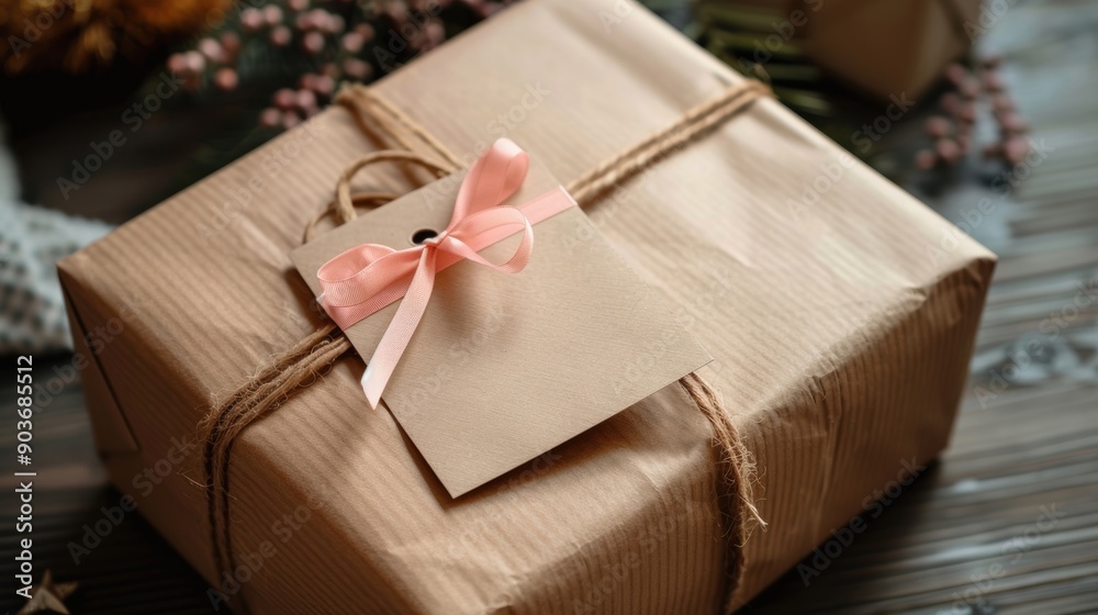 Close-up of a beautifully wrapped gift box with a pink ribbon and tag, perfect for special occasions and celebrations. Close-up of a beautifully wrapped gift box with a pink ribbon and tag, perfect for special occasions and celebrations.
