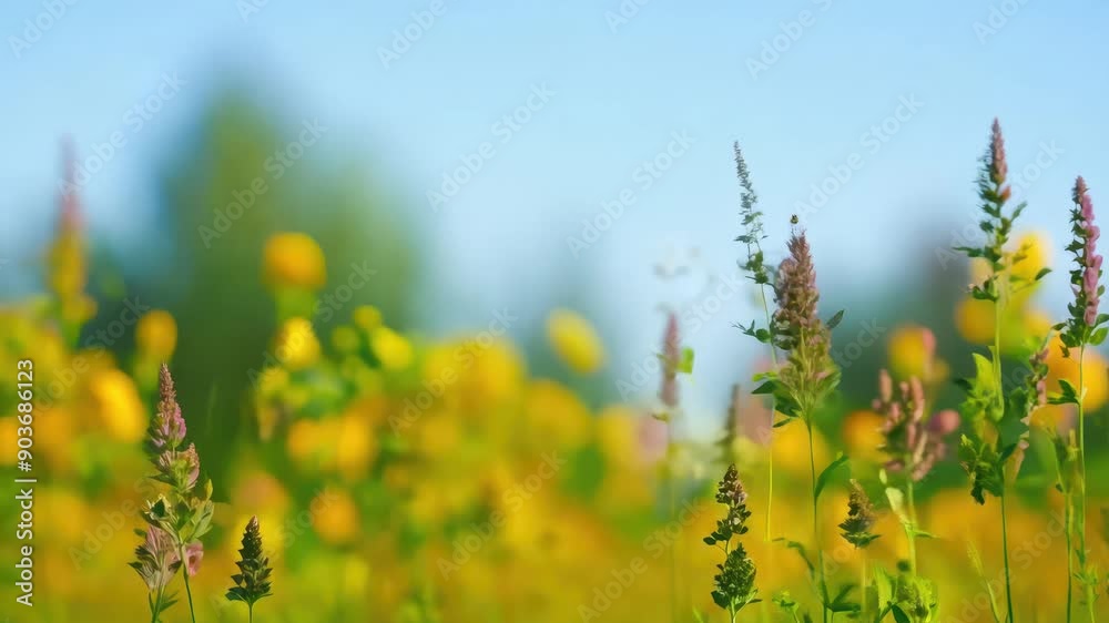 custom made wallpaper toronto digitalA vibrant meadow filled with colorful wildflowers basking under a clear blue sky, capturing the essence of spring with a beautifully blurred background of lush green and yellow foliage.