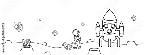 Illustration of a space vacation with a dog and a cat