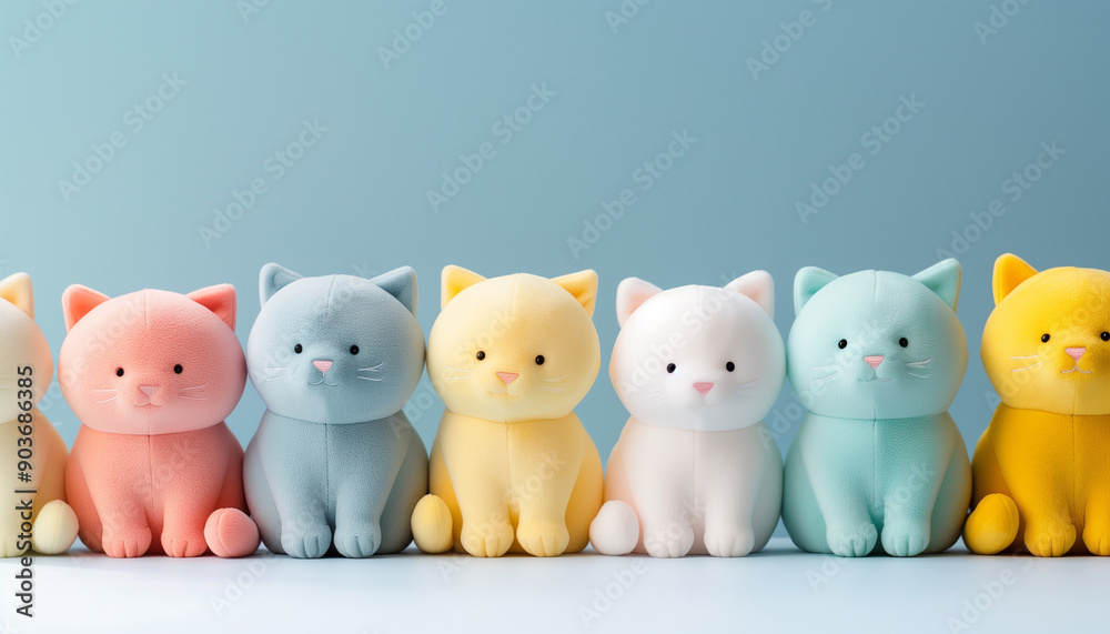 Cute pastel-colored plush cats arranged in a gradient row against a light blue background, creating a cheerful and playful atmosphere. Cute pastel-colored plush cats arranged in a gradient row against a light blue background, creating a cheerful and playful atmosphere.
