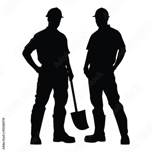 Silhouette of two construction workers with shovels.