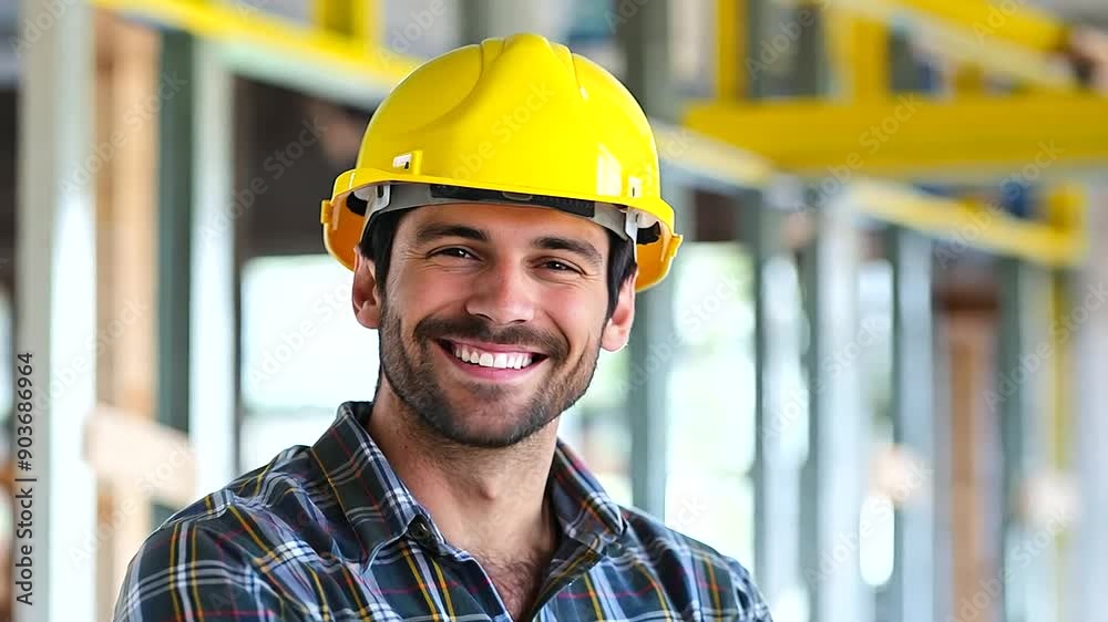 happy male construction worker in a yellow helmet and plaid shirt, inside a building under construction, smiling confidently, professional setting, with copy space happy male construction worker in a yellow helmet and plaid shirt, inside a building under construction, smiling confidently, professional setting, with copy space