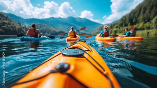 Fototapeta Naklejka Na Ścianę i Meble -  A_group_of_friends_kayaking_on_a_tranquil_lake_in_the_e