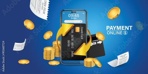 digital payment concept featuring  smartphone, credit card, and gold coins, highlighting the convenience of online transactions. Receipts and currency symbols emphasize modern financial technology