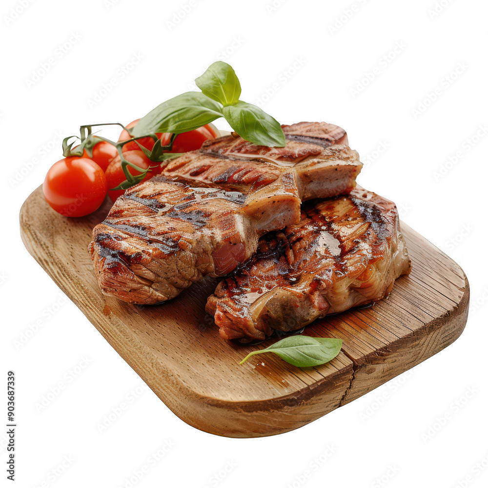 Delicious Grilled Meat On Wooden Cutting Board with Tomatoes and Basil Delicious Grilled Meat On Wooden Cutting Board with Tomatoes and Basil