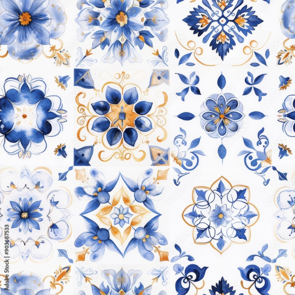 Seamless pattern with a mix of floral and geometric designs in a watercolor style. Seamless pattern with a mix of floral and geometric designs in a watercolor style.