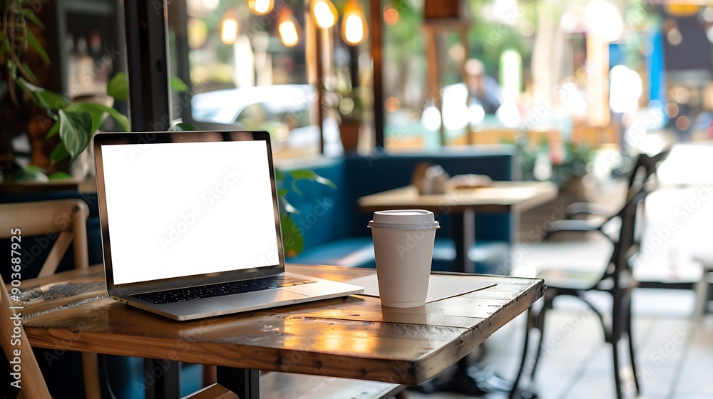 Empty laptop screen on cafe table with a coffee cup Empty laptop screen on cafe table with a coffee cup