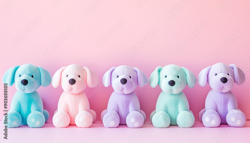 A row of colorful stuffed toy dogs in pastel shades against a pink background, evoking a playful and cheerful mood. A row of colorful stuffed toy dogs in pastel shades against a pink background, evoking a playful and cheerful mood.