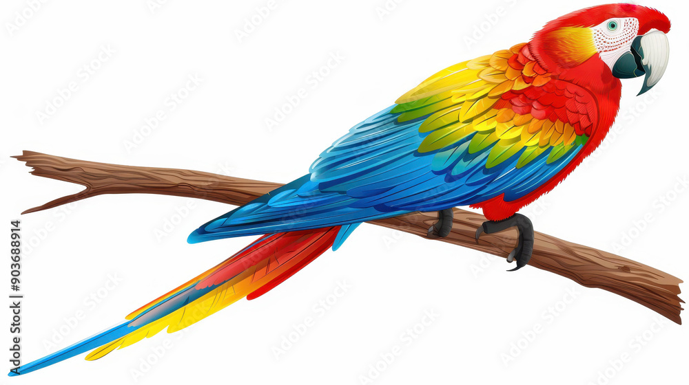 Obraz premium A bright parrot sits on a branch, showcasing vivid colors against a clean background, perfect for summer vibes and nature lovers.