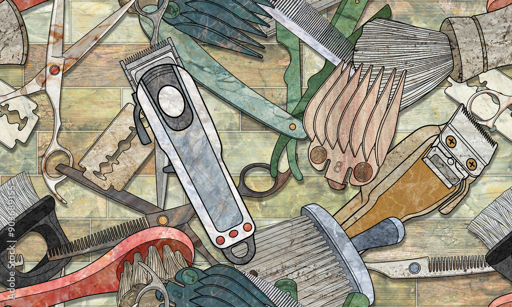 Obraz premium Seamless clippers barber tools abstract marble texture pattern illustration.