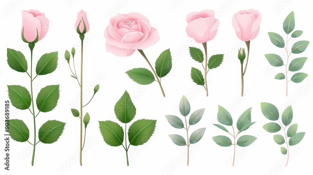 Delicate watercolor wild rose illustrations featuring branches, buds, and leaves, all beautifully isolated on a white backdrop. Delicate watercolor wild rose illustrations featuring branches, buds, and leaves, all beautifully isolated on a white backdrop.