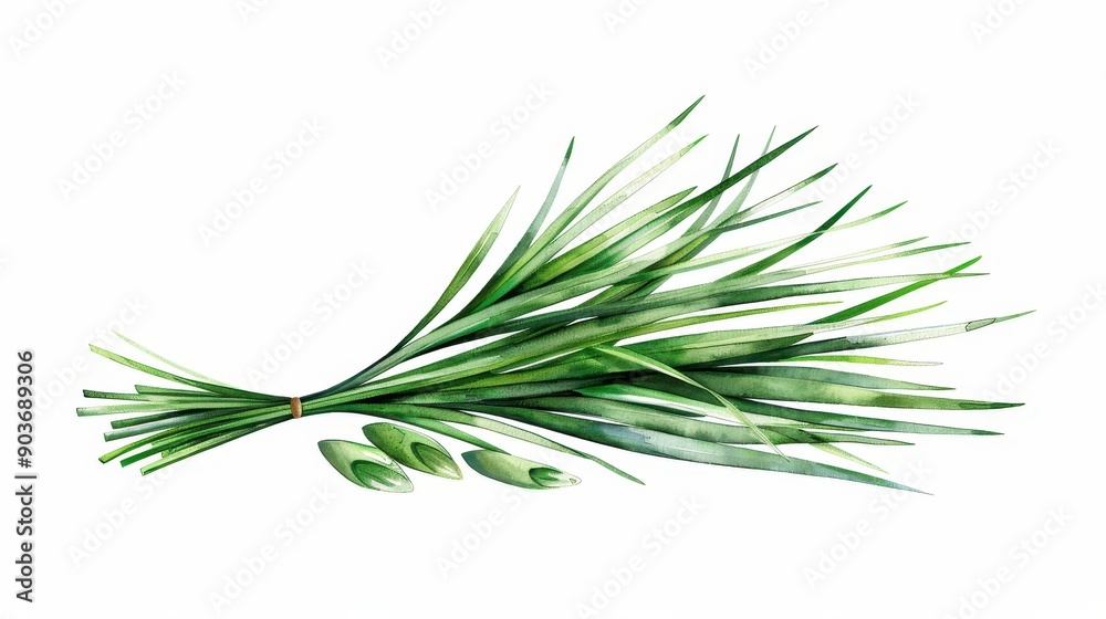 A vibrant watercolor art piece showcasing an isolated lemongrass stem, perfect for enhancing any design or home decor project.