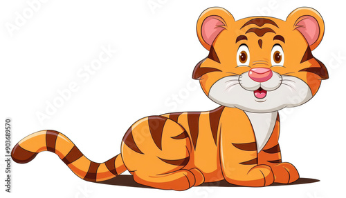 Adorable tiger sitting calmly on a white backdrop, perfect for wildlifethemed stickers with a charming design. photo