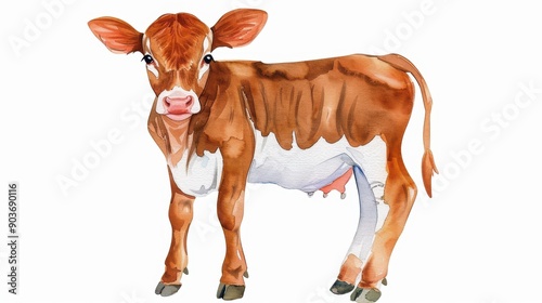 Adorable watercolor calf illustration perfect for farmthemed decor. This baby bull adds charm to any space. photo