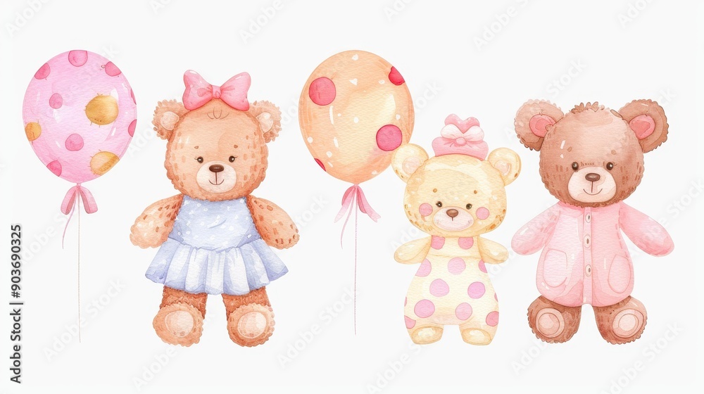Fototapeta premium Delightful watercolor bears holding pink and gold balloons, perfect for baby girl shower designs. Adorable for invites and decor